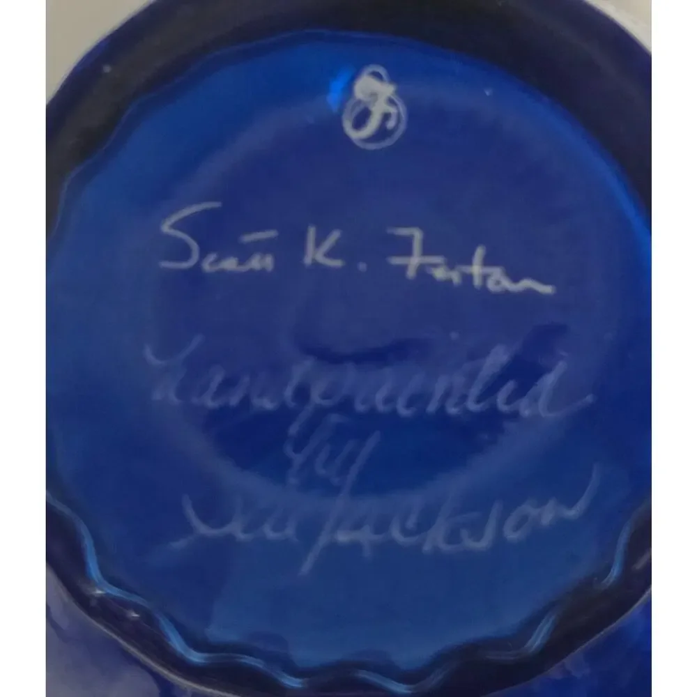 Fenton Blue Mary Gregory Art Glass Vase Hand Painted Signed Sue Jackson